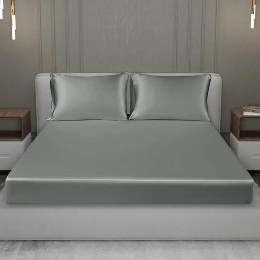 Cloth Fusion Satin Elastic Fitted Bedsheets Double Bed Luxury Queen Size with 2 Pillow Covers H603 280 TC Silver