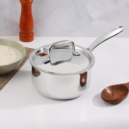 Vinod Platinum Triply Stainless Steel Saucepan with Lid - 2.2 litres (18 cm) | 2.5 mm Thick | Tea, Chai Pan