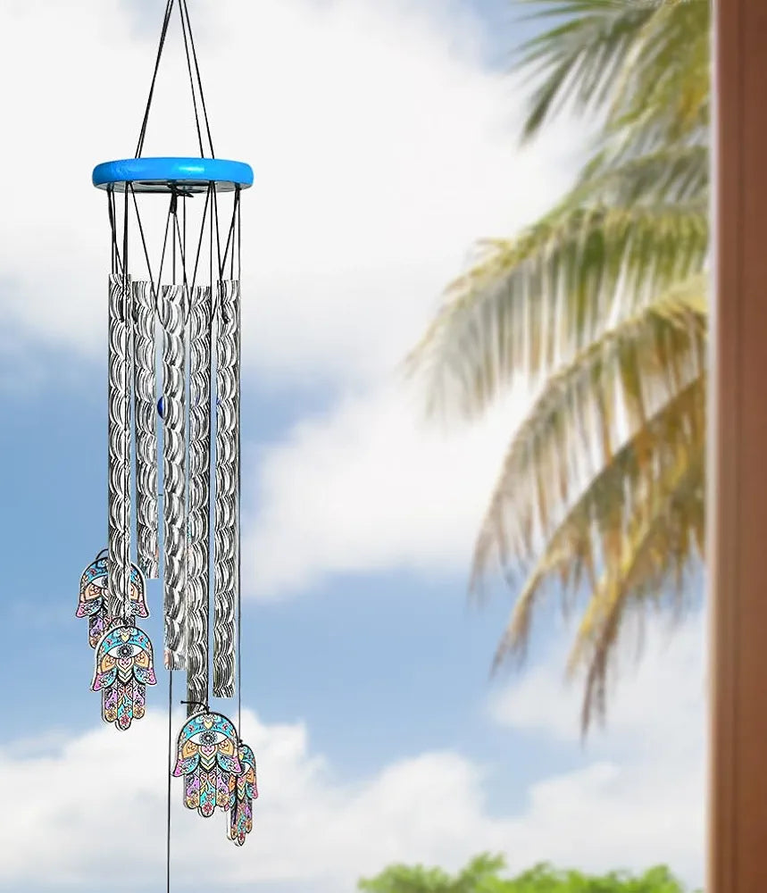Wind Chimes for Balcony and Home 6 Hamsa Hand 5 Silver Pipe Wind Chime -014