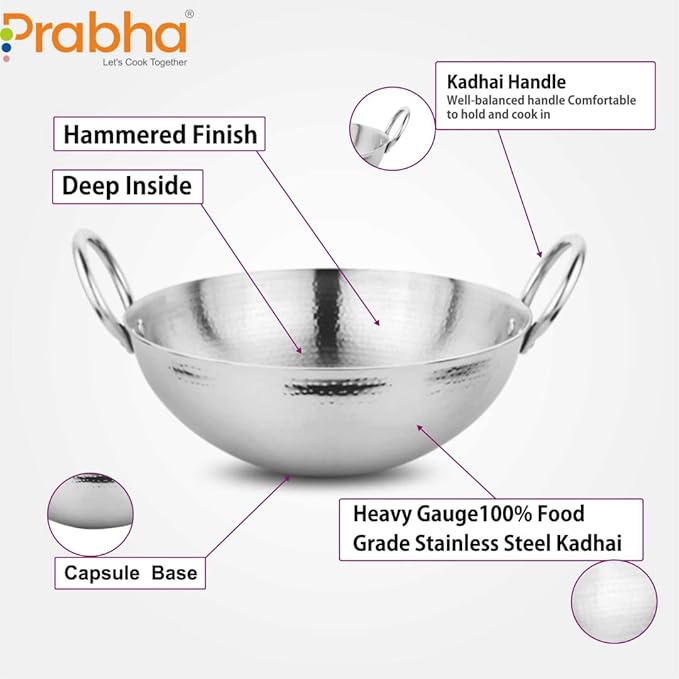 Prabha Stainless Steel Heavy Gauge Hammered Finish Advanced Heat Dispersion, 1.3 L Size 200 mm