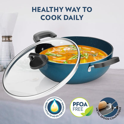 Borosil Prochef Non-stick Aluminum Kadhai With Lid 22 Cm | Gas Stove Compatible, Thick Uniform Body for Even Heating, Dishwasher Safe | 5 Layer Nonstick Coating