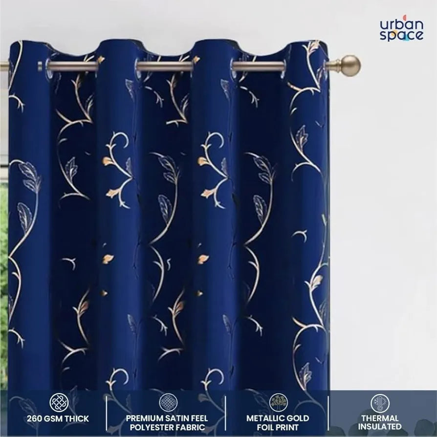 Urban Space Pure Blackout Opaque Curtains For Living Room, Gold Foil Printed Luxurious Blackout Opaque Curtains Eyelet With Tieback, 1 Piece Pack, Vine Navy Blue