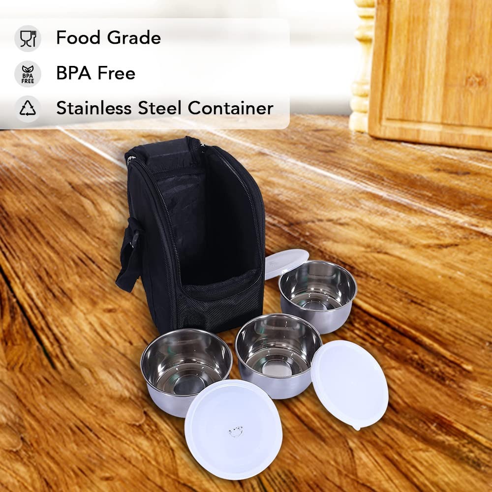 Homestic Canvas Lunch Box | 3 SS Insulated Containers | Adjustable Straps | Zipper | Black