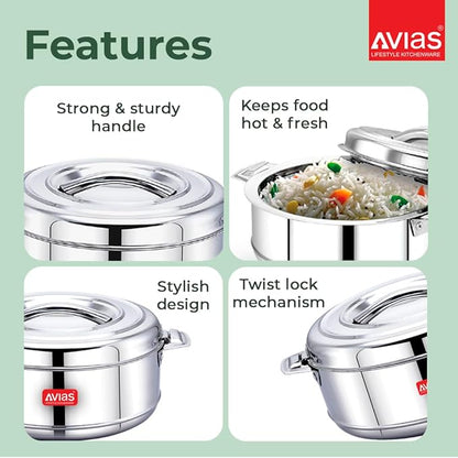 Avias Astra Double Wall Insulated Stainless Steel Casserole 1000ml Hot Box for Kitchen Hot Case