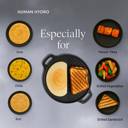 Human Hydro Pre-Seasoned 2-in-1 Cast Iron Grill Tawa 30cm Reversible Induction Gas