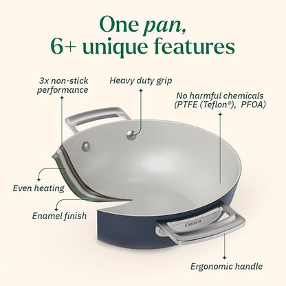Ember Cookware Arcilla Ceramic Non Stick Kadai 24cm | Metallic Lid | Stainless Steel Handles | Capri Series | Blue