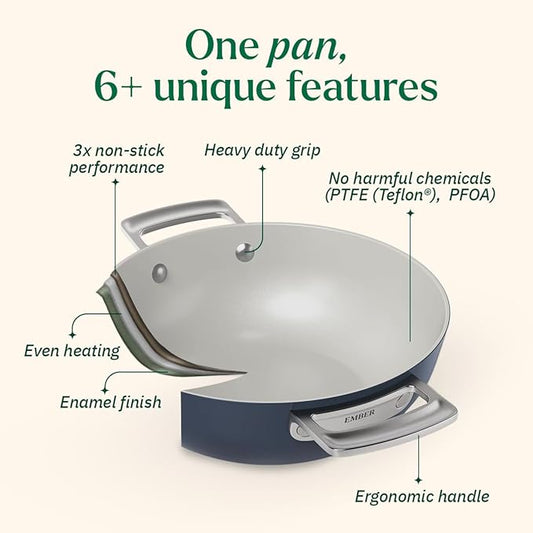 Ember Cookware Arcilla Ceramic Non Stick Kadai 24cm | Metallic Lid | Stainless Steel Handles | Capri Series | Blue