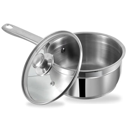 Vinod Two Tone Stainless Steel Saucepan With Glass Lid 1.5 Litres | 16 Cm | 6.2mm Thick