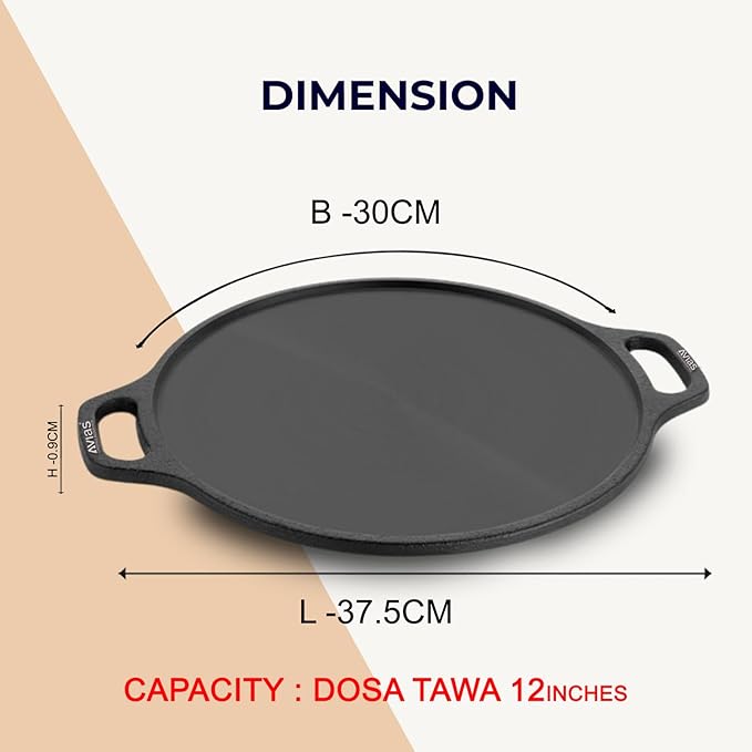 Avias Cast Iron Tawa with Side Handles 30cm Dosa Kallu Loha Pan to Cook 12 inches
