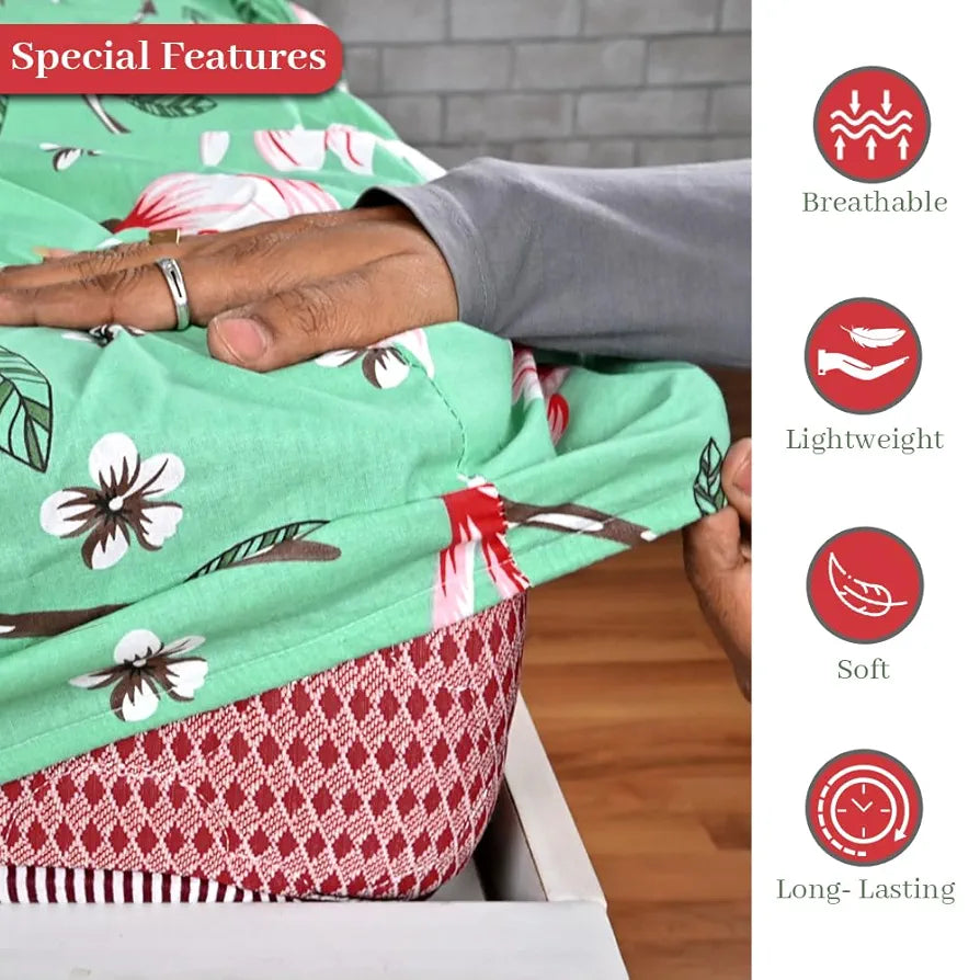 Divine Casa Floret 100% Cotton Double Fitted Bedsheet 144 TC Colour Blossom Haven Mint