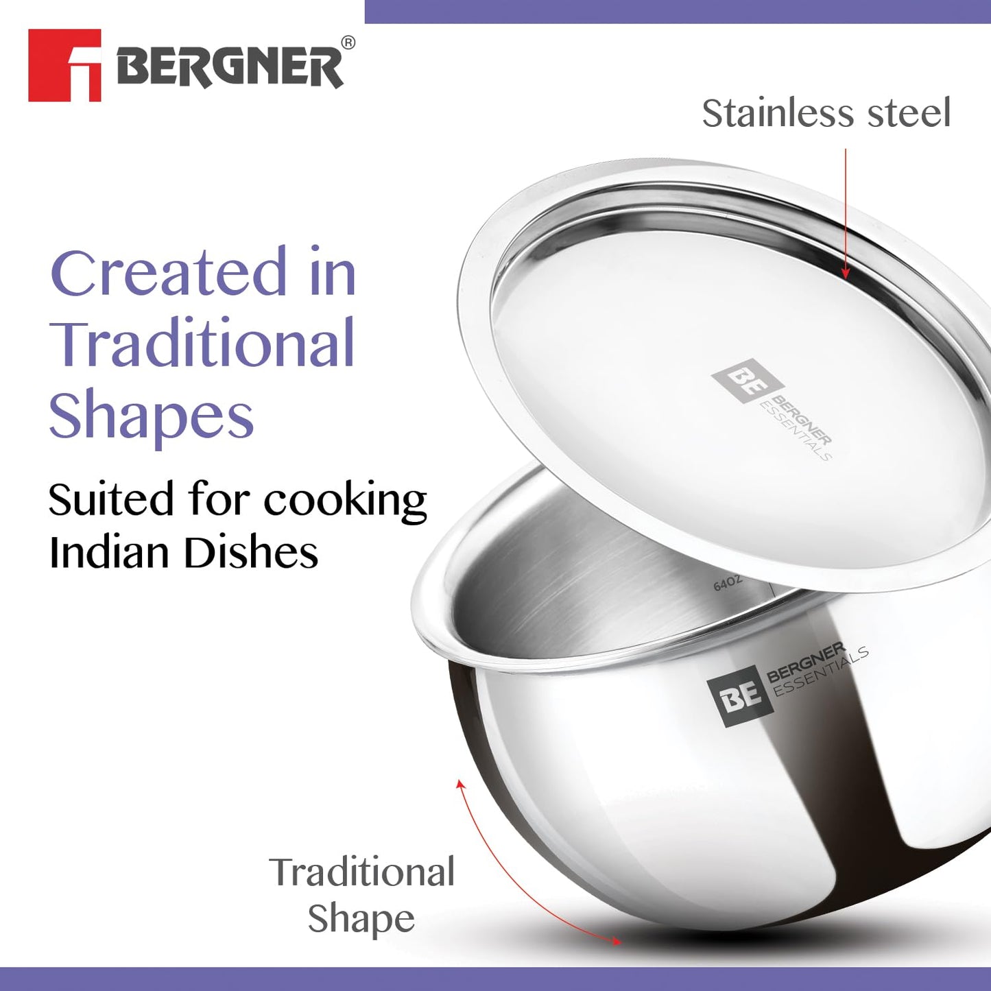 Bergner BE Bergner Essentials Tri-Ply Stainless Steel 20 cm Rice Handi with Lid