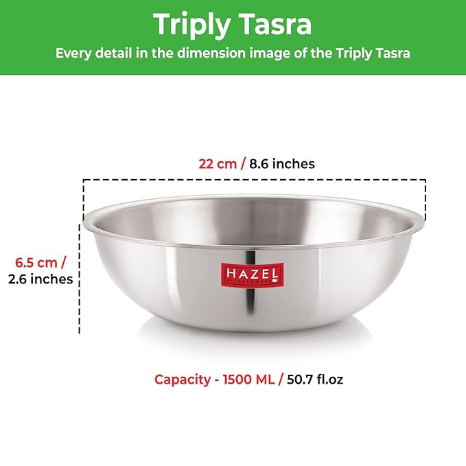 Hazel Triply Stainless Steel Cookware Triply Steel Tasra Kadai with Lid 1.5 litres Heavy Bottom