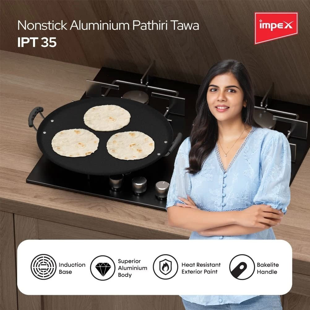 Impex IPT-35 35cm Aluminium Non-Stick Pathiri Tawa Induction Bottom 1 Year Warranty Black