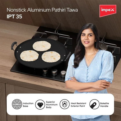 Impex IPT-35 35cm Aluminium Non-Stick Pathiri Tawa Induction Bottom 1 Year Warranty Black