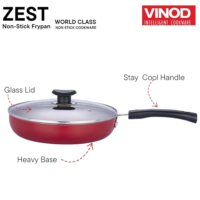 Vinod Zest Inducto Aluminium Non Stick Deep Frypan with Glass Lid - 24 cm | 3mm Thick | 3 Layer Coating