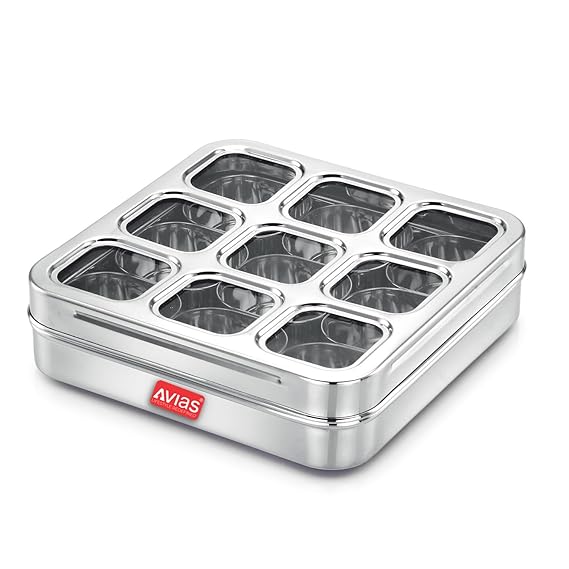 Avias 9 Square Stainless Steel Spice Box Organiser With 9 Compartment Popula Dabba Square Masala Dani Large