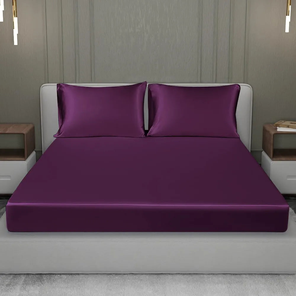 Cloth Fusion Solid 280 TC Satin Elastic Fitted Bedsheet for Double Bed King Size with 2 Pillow Covers Wine