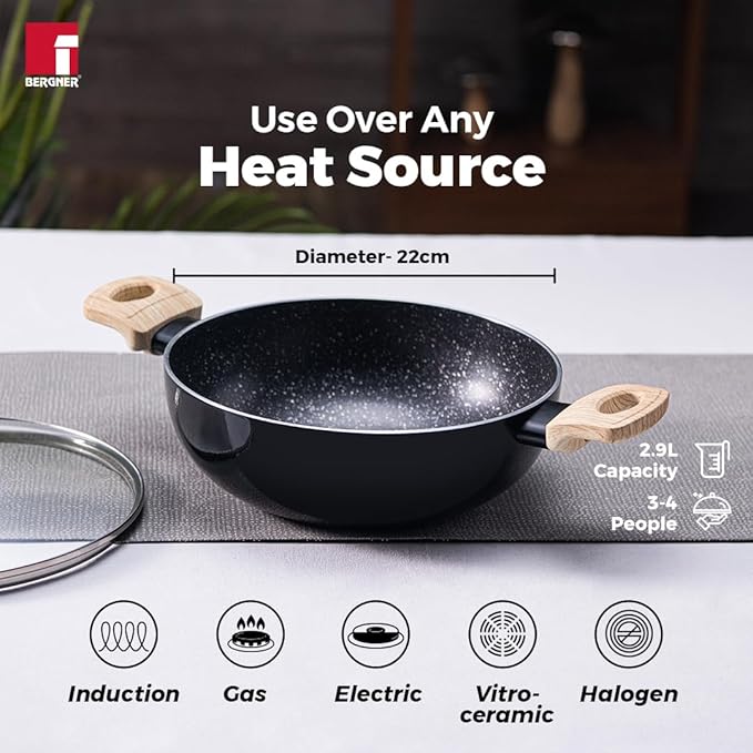 Bergner Bellini Plus Aura 5-layer Non-stick 22 Cm Kadai With Glass Lid | 2.9 Litres Kadhai
