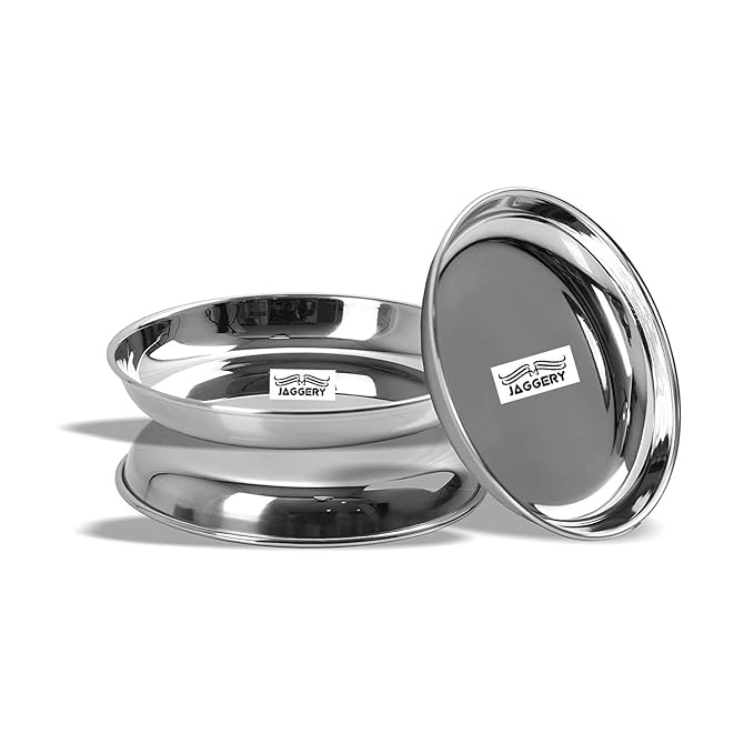 Jaggery Stainless Steel Heavy Gauge Medium Halwa Plates with Mirror Finish 12.5 cm Dia 3 Pieces Set