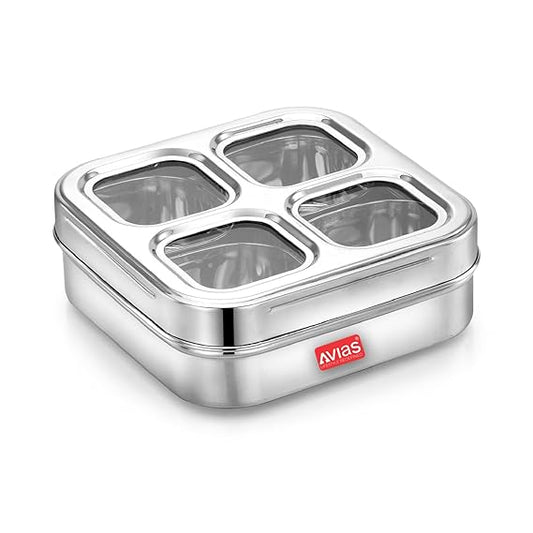 Avias 4 Square Stainless Steel Spice Box With See Through Glass Lid 4 Containers Storage Box Masala Dani