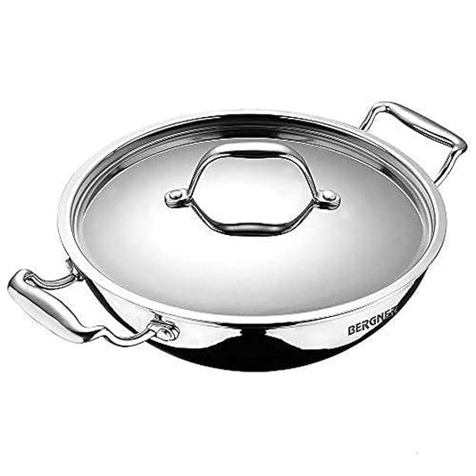 Bergner Argent Triply Stainless Steel 28 Cm Deep Kadai With Stainless Steel Lid | 5.7 L Deep Kadhai With Lid
