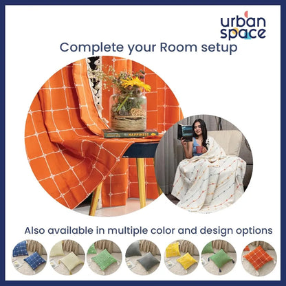 Urban Space Embroidered Cotton Cushion Cover Set of 2 Cushion Covers for Sofa, Bedroom, Living Room Colour Aura Checks Orange