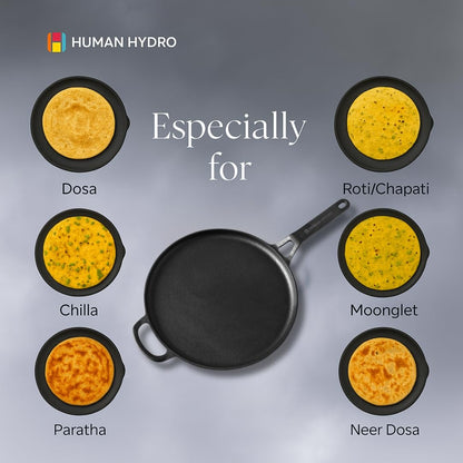 Human Hydro 28cm Cast Iron Tawa with Single Handle Flat Feather-Light Pre-Seasoned Daily Cooking