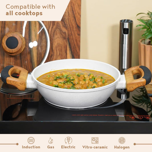 Bergner Naturally Forged Aluminum 24cm Kadai With Glass Lid | 2 Liters Non-stick Kadhai