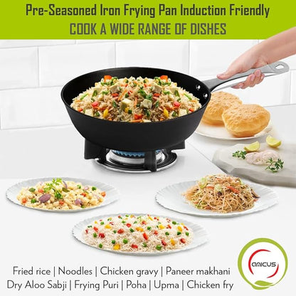 Amicus Pre Seasoned Iron Frying Pan for Cooking Deepfry Stirfry Frypan Nonstick 22 Cm 1.5 Litre