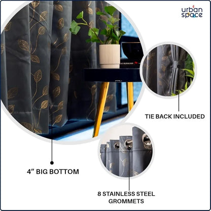 Urban Space Blackout Curtains for Living Room, Gold Foil Printed Luxurious Blackout Decorative Curtains Eyelet with Tieback, 1 Piece, Leaf Grey