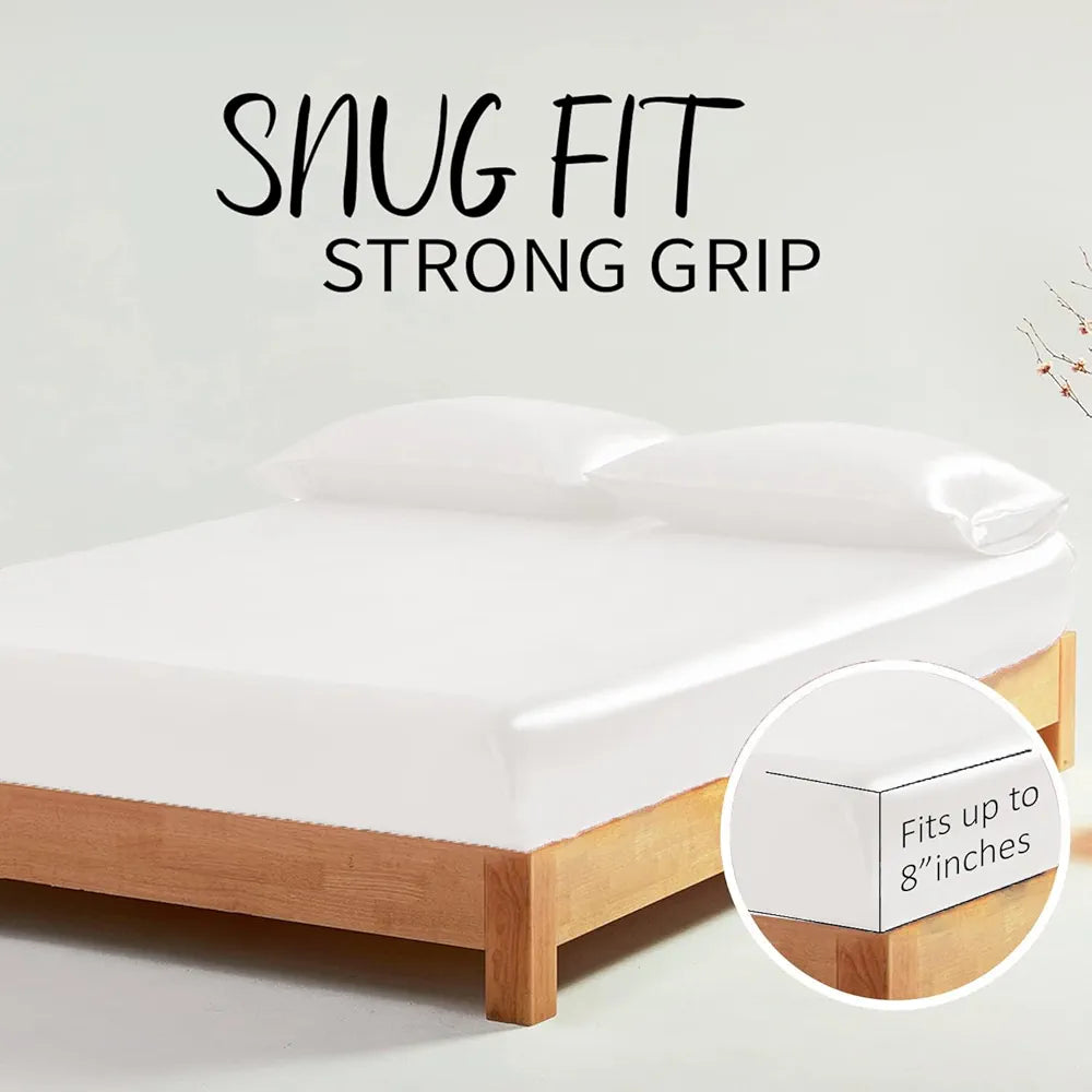 Cloth Fusion Satin Elastic Fitted Bedsheets Double Bed Luxury Queen Size with 2 Pillow Covers White