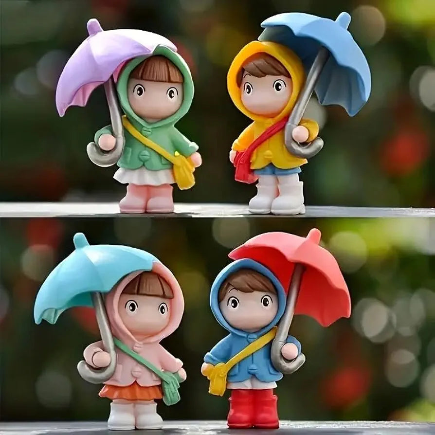 Satyam Kraft Resin 4 Pcs Miniature Cute Brother Sister Figurines with Open Umbrella