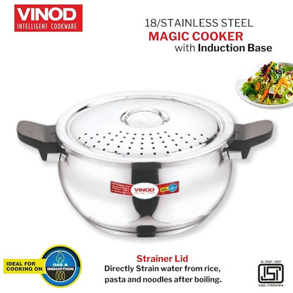 Vinod Magic Stainless Steel Smart 3 in 1 Pressure Cooker 3.5 Litre | 5mm Thick Base | All in One Cooker with Strainer & Glass Lid
