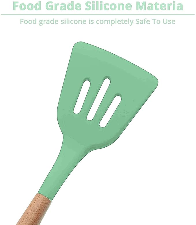 Woodtula Kitchen Silicone Slotted Turner with Wooden Handle Non-Stick Kitchen Utensil Tools Green
