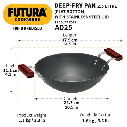 Hawkins Futura 2.5 Litre Deep Fry Pan Hard Anodised Kadai