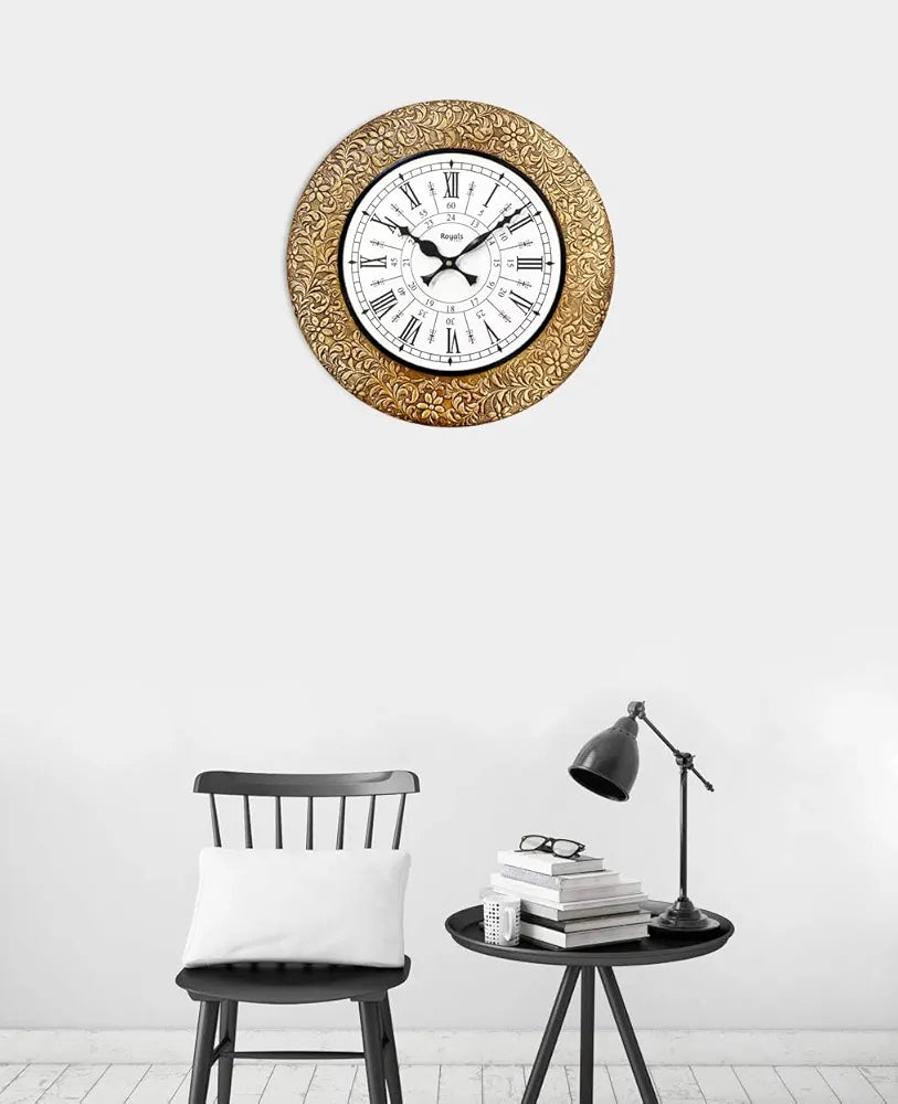 RoyalsCart Emboss Metal Analog Wall Clock For Elegant Clock Size - 16 X 16 Inches [Ktwc255D] Gold Designer Emboss Metal