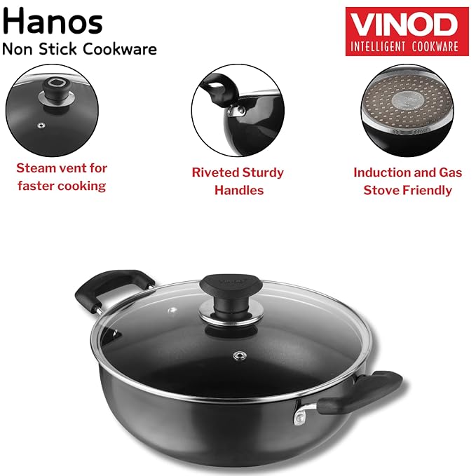 Vinod Hanos Hard Anodised Non Stick Deep Kadhai with Glass lid - 3.1 Litre, 24 cm | 3.25mm Thick | 5X Non Stick