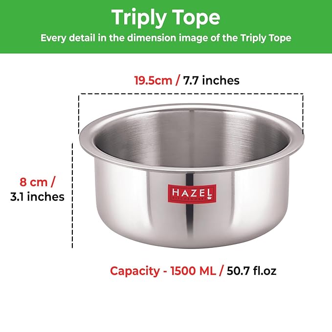Hazel TriPly Stainless Steel Cookware 1500 ml Stainless Steel Patila Utensils