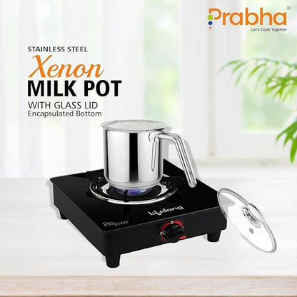 Prabha Heavy Gauge Stainless Steel Milk Pot Milk Boiler 14Cm Diameter Pot 1.8 L with Glass Lid
