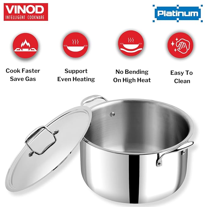 Vinod Platinum Triply Stainless Steel Biryani Pot with Lid - 11 Litre, 30 cm | Heavy Bottom | Riveted Handle| Cooking Pot