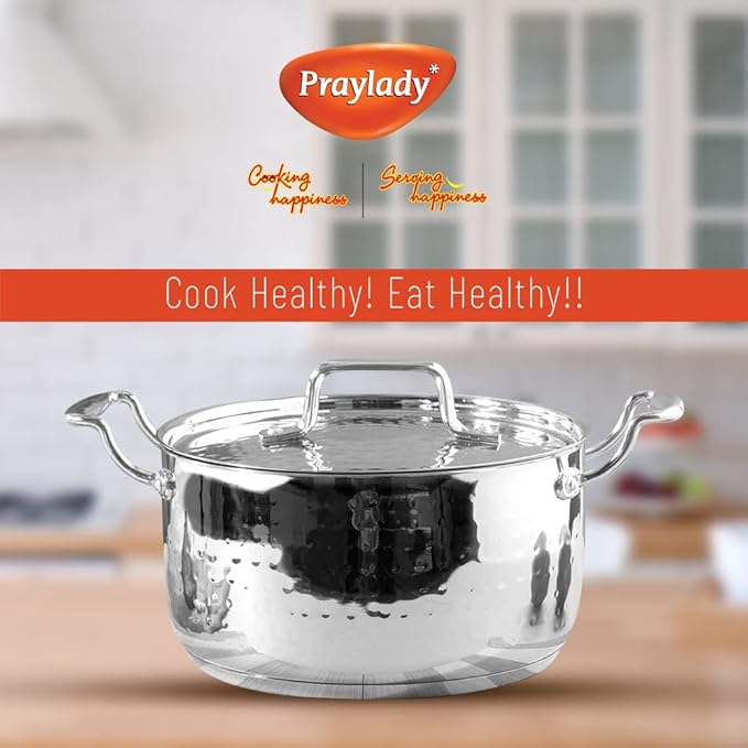 Praylady Stainless Steel Handi Casserole Without Handle 3 Ply Base Cooking Pot 22 cm Silver