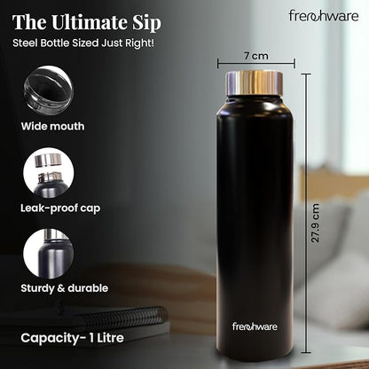 Frenchware Water Bottle 1 Litre, Stainless Steel, Premium Ss 304 | Charcoal Black