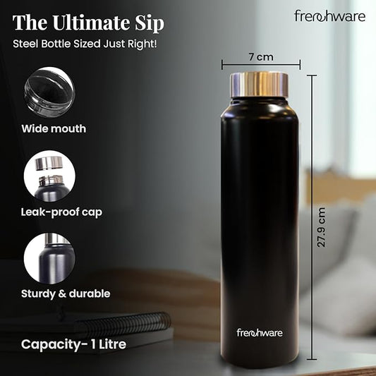 Frenchware Water Bottle 1 Litre, Stainless Steel, Premium Ss 304 | Charcoal Black