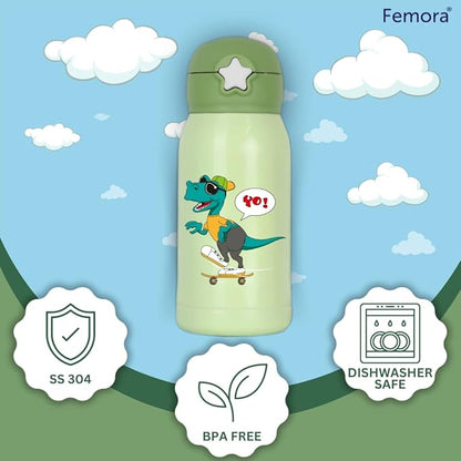 Femora Dino Thermosteel Double Wall Vacuum Kids Water Bottle with Bag - 350 gms