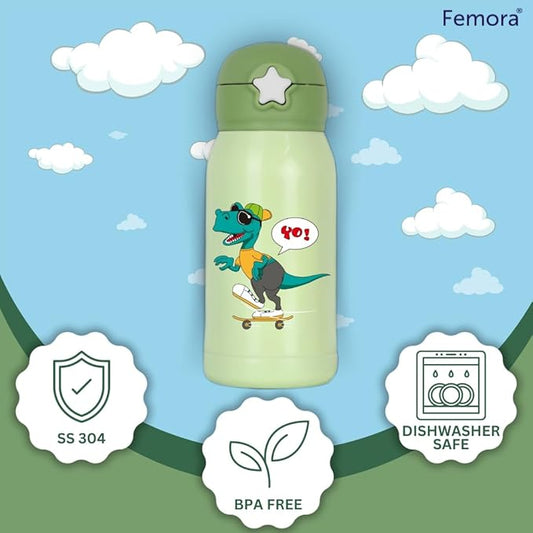 Femora Dino Thermosteel Double Wall Vacuum Kids Water Bottle with Bag - 350 gms