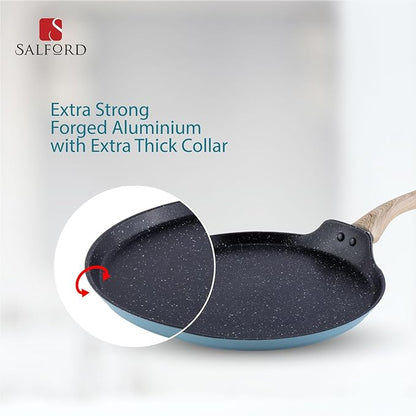 Salford by Ucook Forged Non-stick Tawa With Soft Touch Wooden Handle, Induction & Gas Ready | Black Spatter Dusty Blue | 280mm