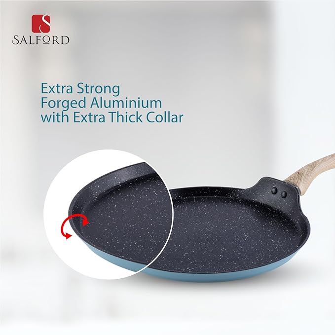 Salford by Ucook Forged Non-stick Tawa With Soft Touch Wooden Handle, Induction & Gas Ready | Black Spatter Dusty Blue | 260mm
