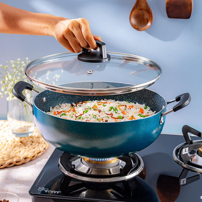 Borosil Prochef Non-stick Aluminum Kadhai With Lid 22 Cm | Gas Stove Compatible, Thick Uniform Body for Even Heating, Dishwasher Safe | 5 Layer Nonstick Coating