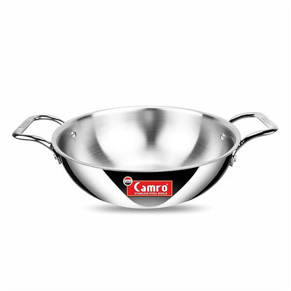 Camro Triply Artisian Kadhai 28 Cm 4.4 Liters kadhai Steel Stainless Kadhai for Deep Frying