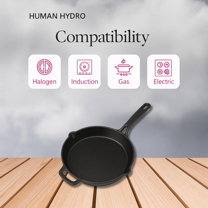 Human Hydro Pre-Seasoned Cast Iron Fry Pan 25cm (10 Inch) with Wooden Spatula Naturally Nonstick Gas Induction